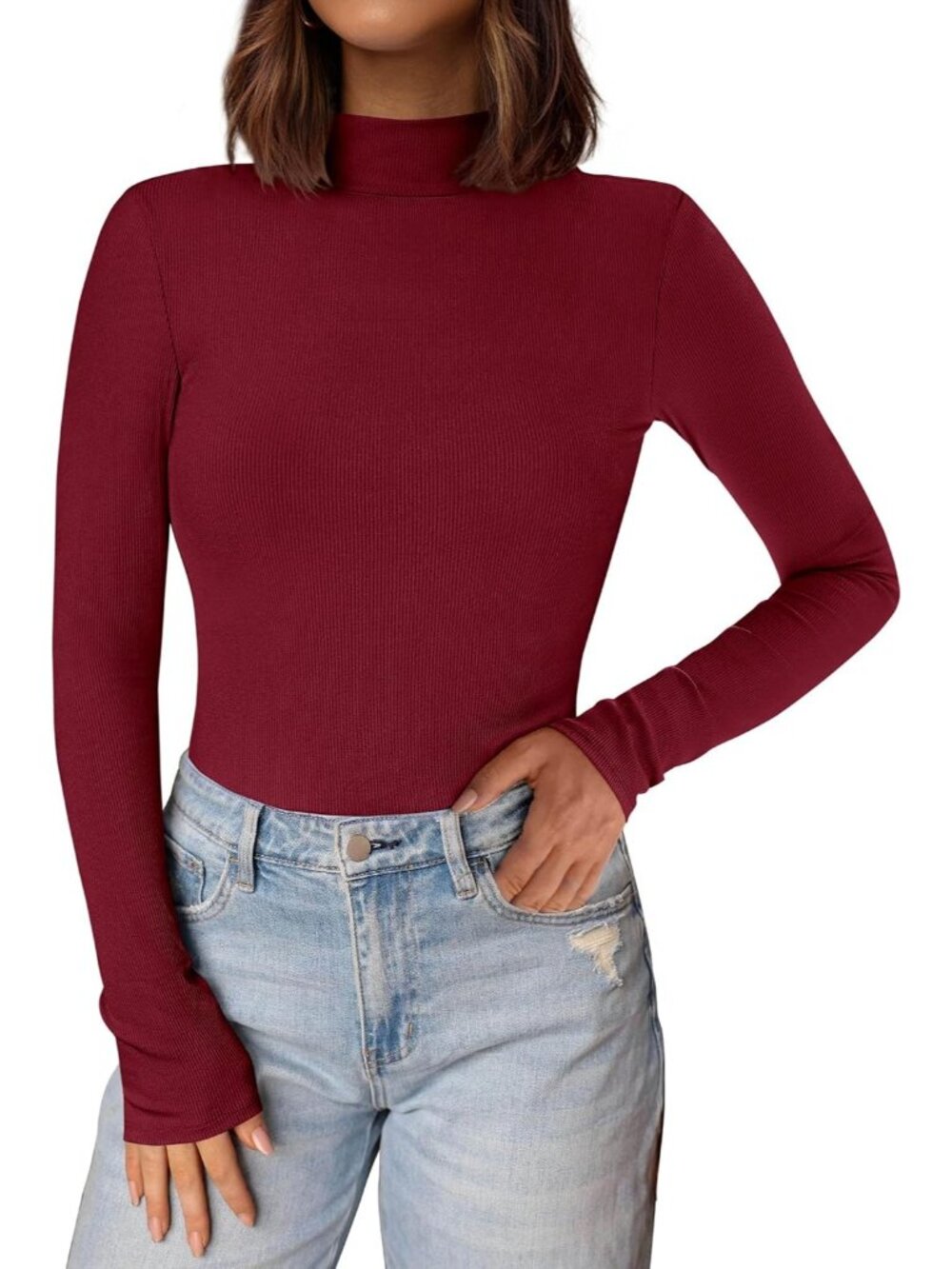 Womens Wine Red Ribbed Knit Mock Turtleneck Long Sleeve Undershirts Slim Fit Top